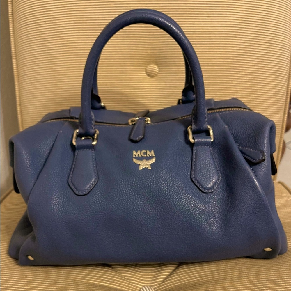 MCM Slate Blue Pebbled Saffiano Leather Satchel